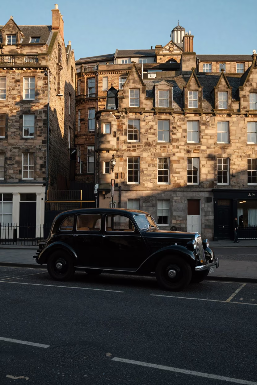 Edinburgh Late Afternoon Street Scene with Vintage Car and Stone Architecture in in Edinburgh, United Kingdom