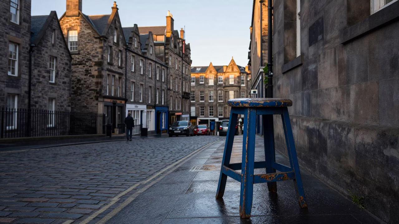 Edinburgh Late Afternoon Street Scene with Vintage Work Stool and Brick Architecture in in Edinburgh, United Kingdom