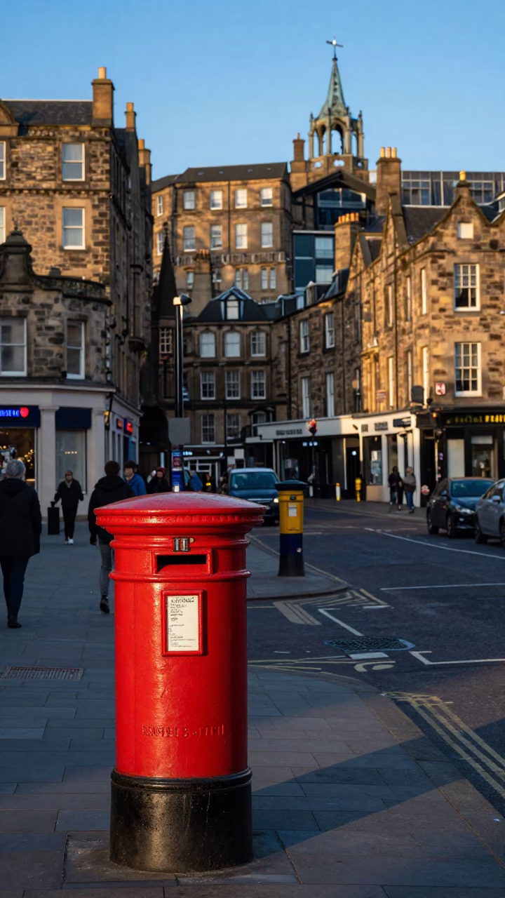 Edinburgh Late Afternoon Street Scene with Yellow Post Box and Stone Architecture in in Edinburgh, United Kingdom