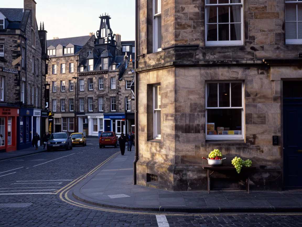 Edinburgh Late Morning Street Scene with Grapes and Saucepan in in Edinburgh, United Kingdom
