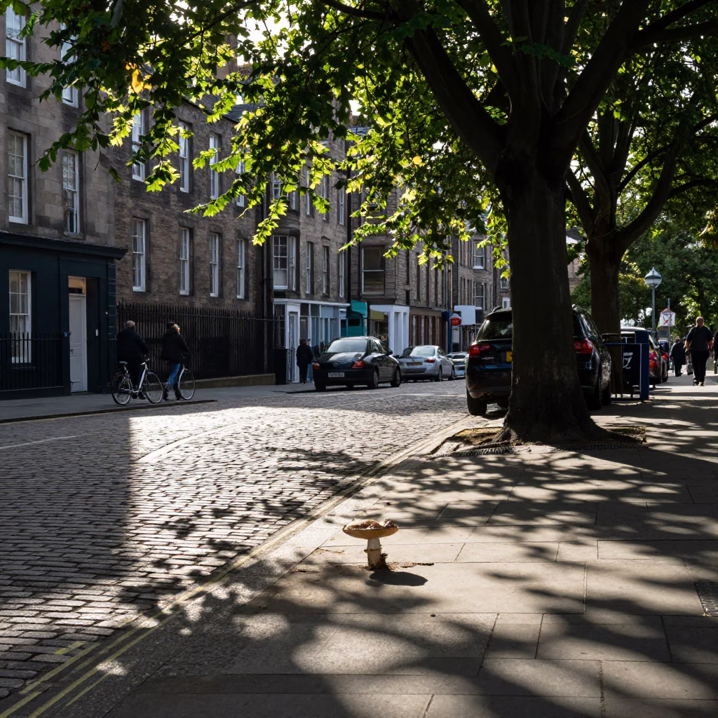 Edinburgh Late Morning Street Scene with Stinkhorn Mushroom and Leaf Shadows in in Edinburgh, United Kingdom