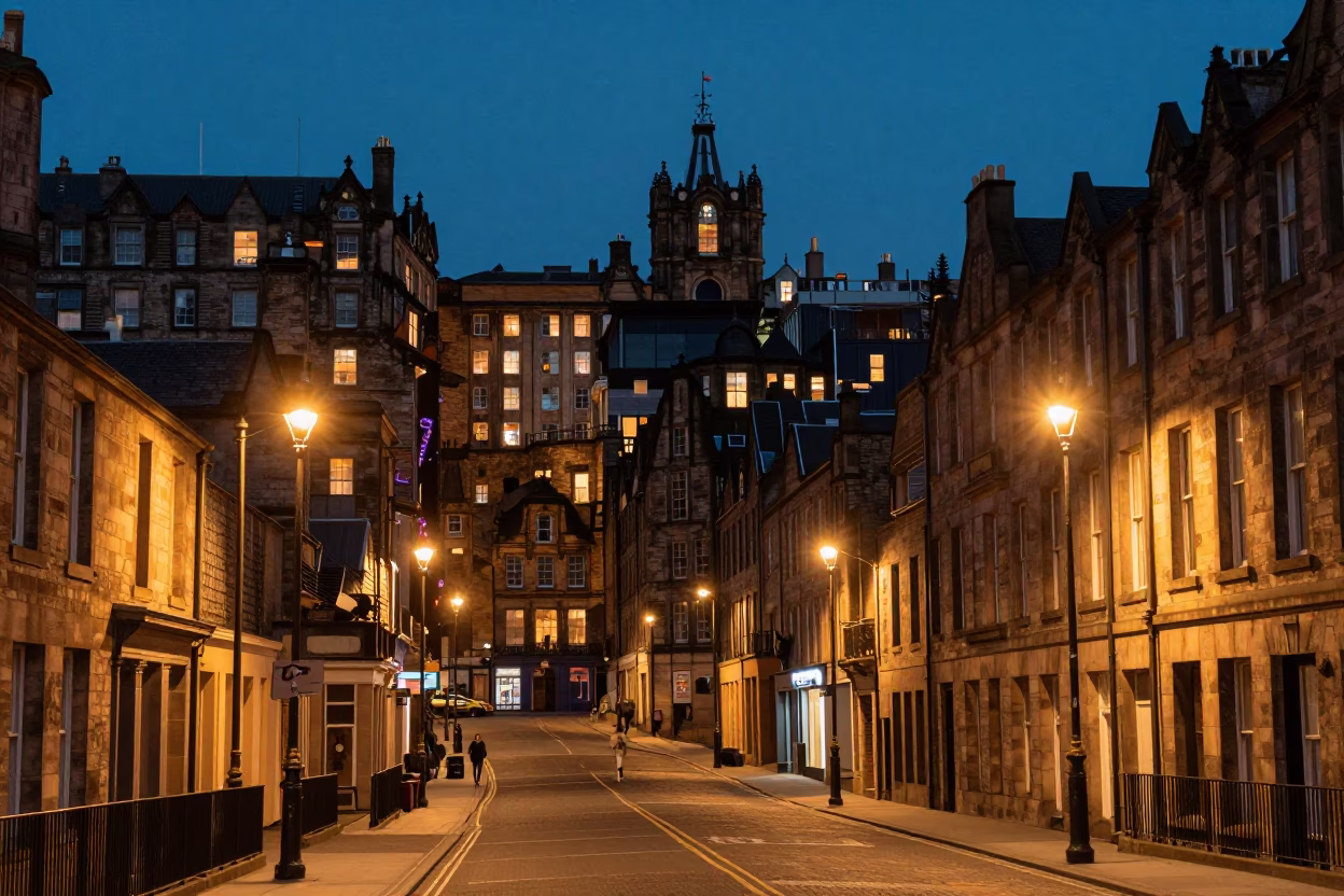 Edinburgh Lights Glow at As City Lights Begin To Glow in in Edinburgh, United Kingdom