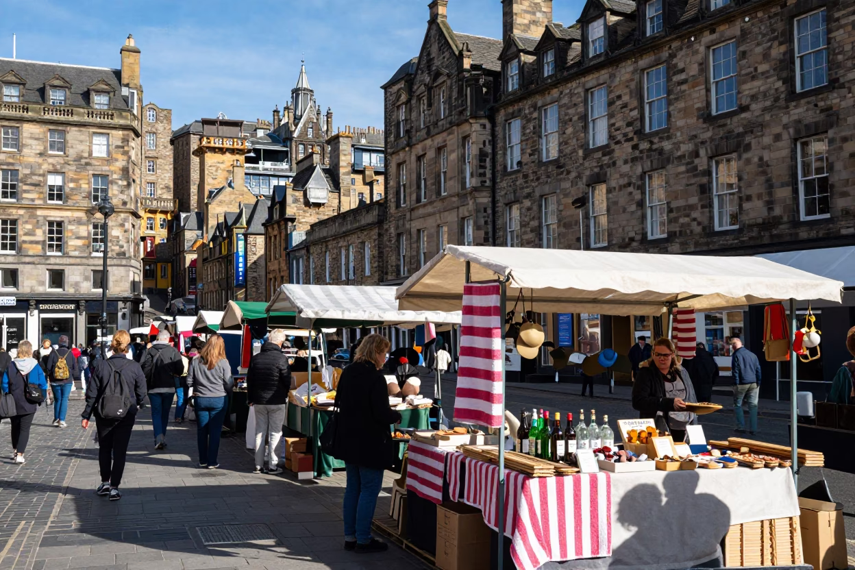 Edinburgh Market Stall at Late Morning Light in in Edinburgh, United Kingdom