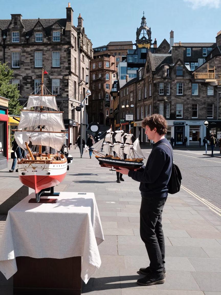 Edinburgh Midday Street Scene with Model Ship and Linen Fringe Detail in in Edinburgh, United Kingdom