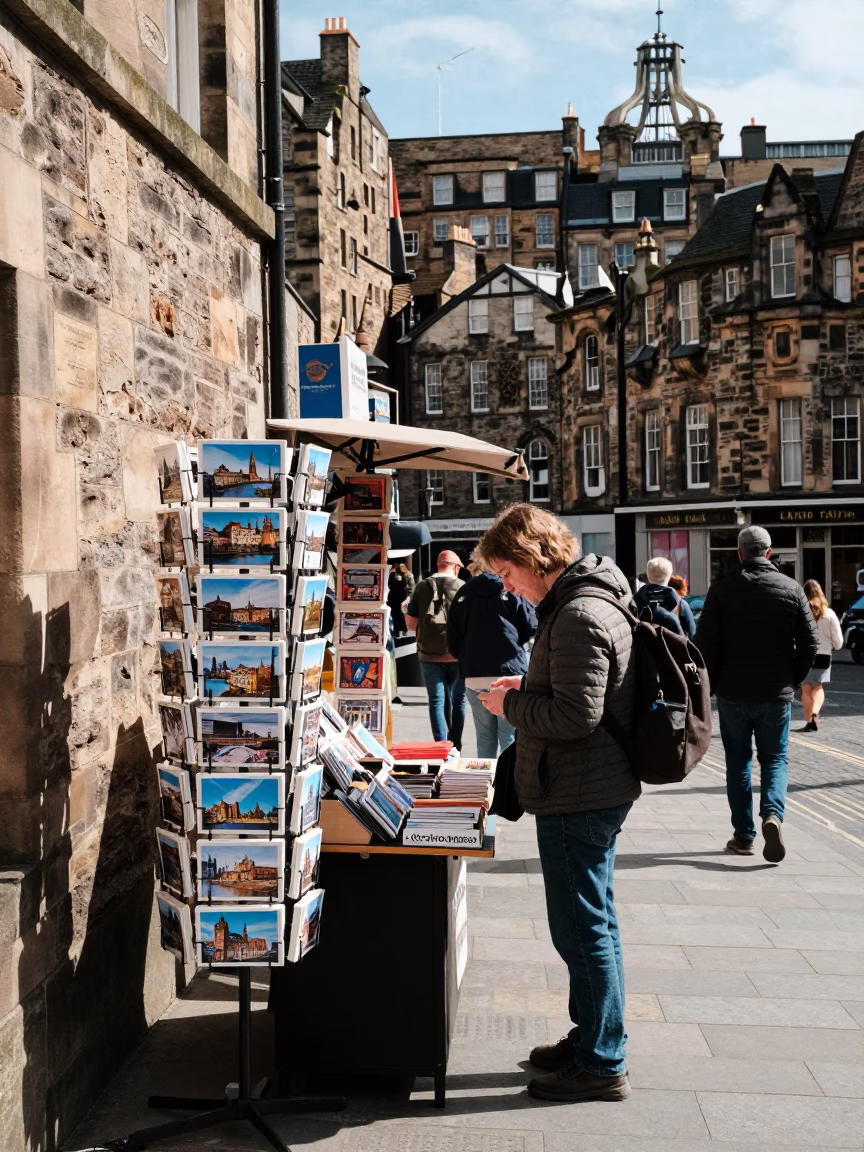 Edinburgh Midday Street Scene with Tourist Postcards and Historic Stone Architecture in in Edinburgh, United Kingdom