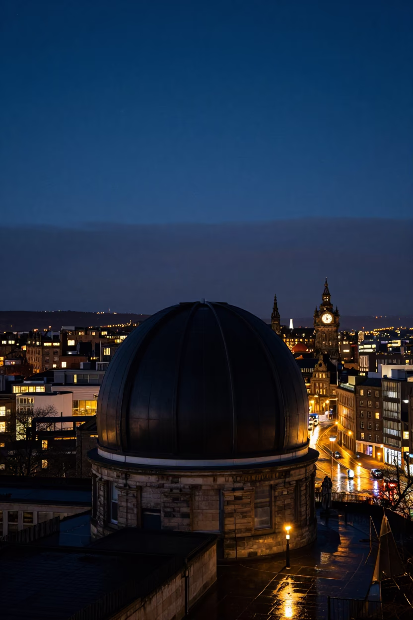 Edinburgh Midnight Horizon Observatory Dome Under Star Field Street Scene in in Edinburgh, United Kingdom