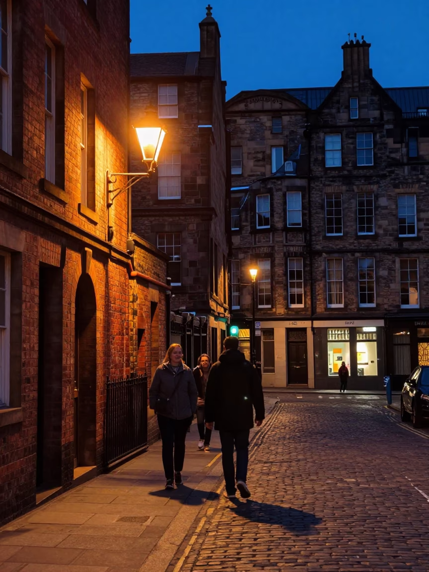 Edinburgh Midnight Street Scene with Red Brick Architecture and Wet Pavement Reflections Under Streetlamp in in Edinburgh, United Kingdom