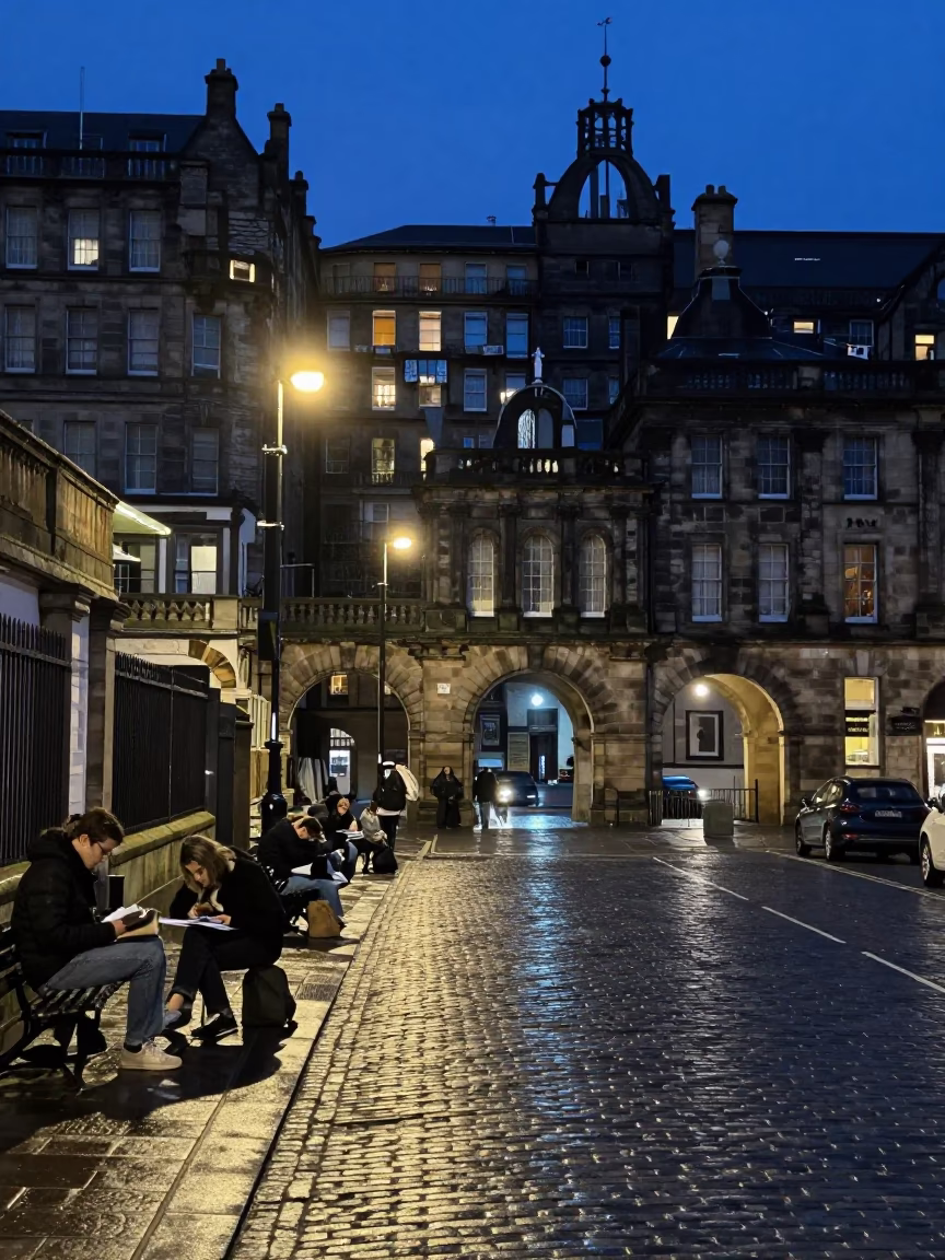 Edinburgh Midnight Street Scene with Students Revising and Urban Infrastructure in in Edinburgh, United Kingdom