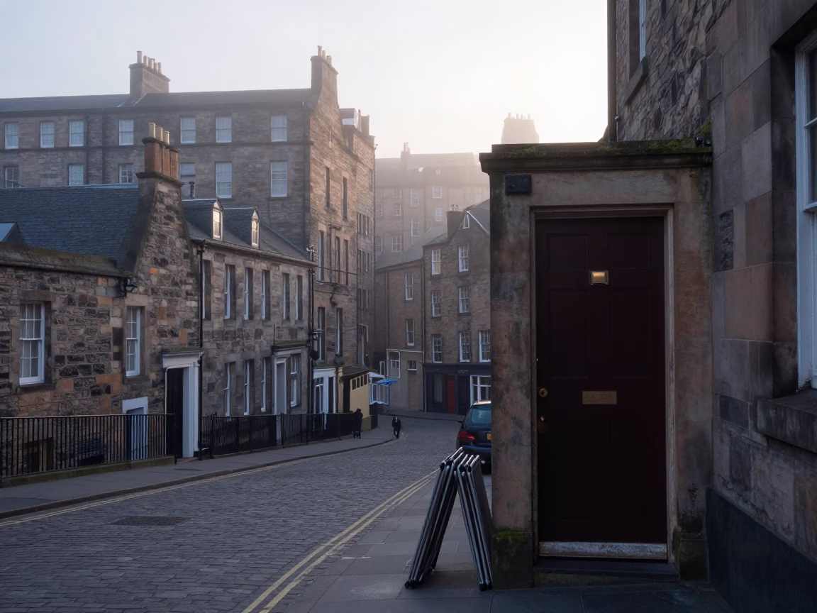 Edinburgh misty dawn street scene with doorframe and folding chair in in Edinburgh, United Kingdom