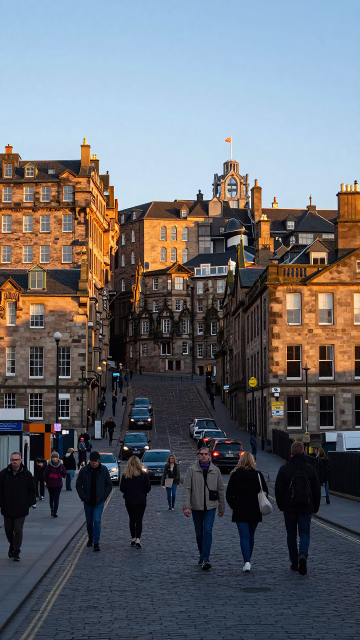 Edinburgh Morning Commute and Historic Architecture at Sunrise in in Edinburgh, United Kingdom