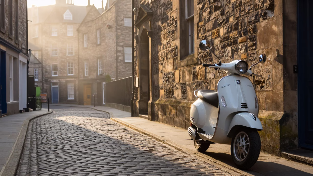 Edinburgh Morning Light on Cobblestone Lane with Vintage Vespa and City Architecture in in Edinburgh, United Kingdom