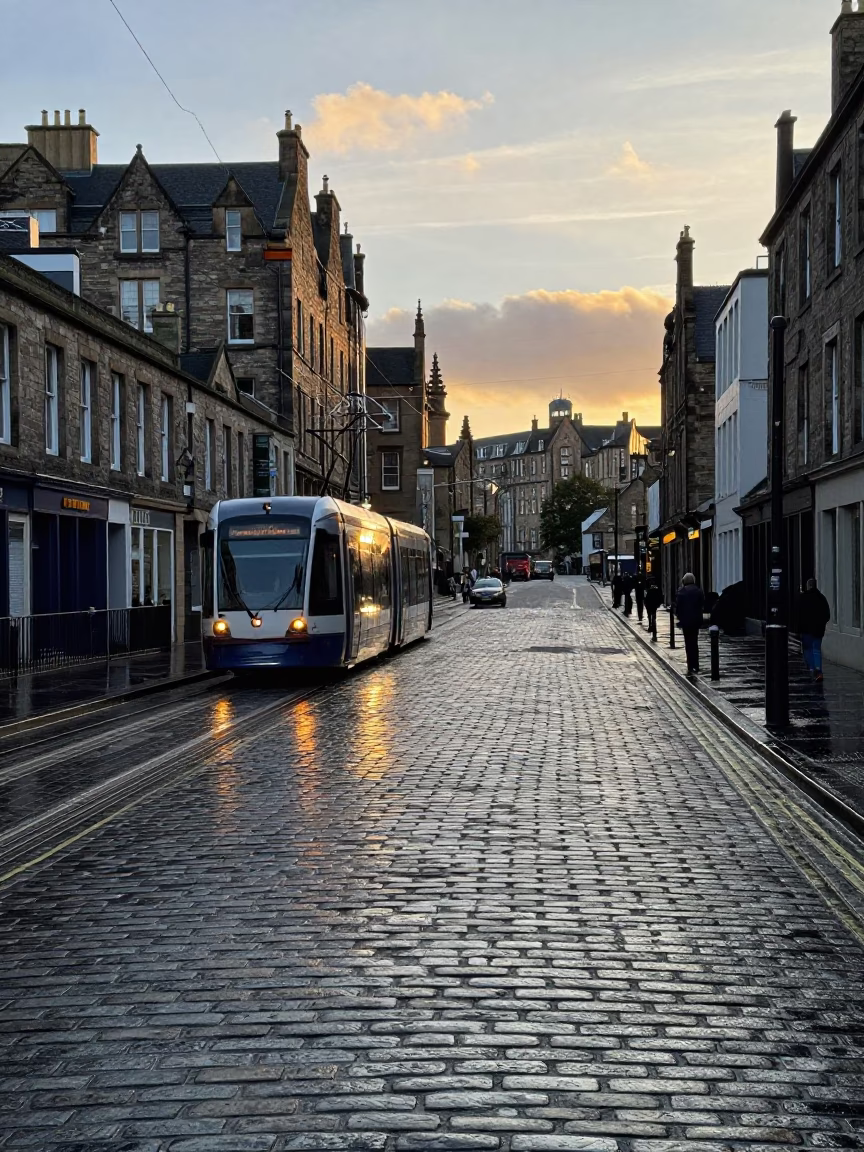 Edinburgh Morning Light on Cobblestone Street with Tram Reflection and Wet Stone Pavement in in Edinburgh, United Kingdom