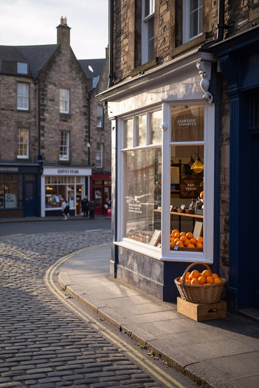 Edinburgh Morning Street Scene with Local Shop Display and Early Light in in Edinburgh, United Kingdom