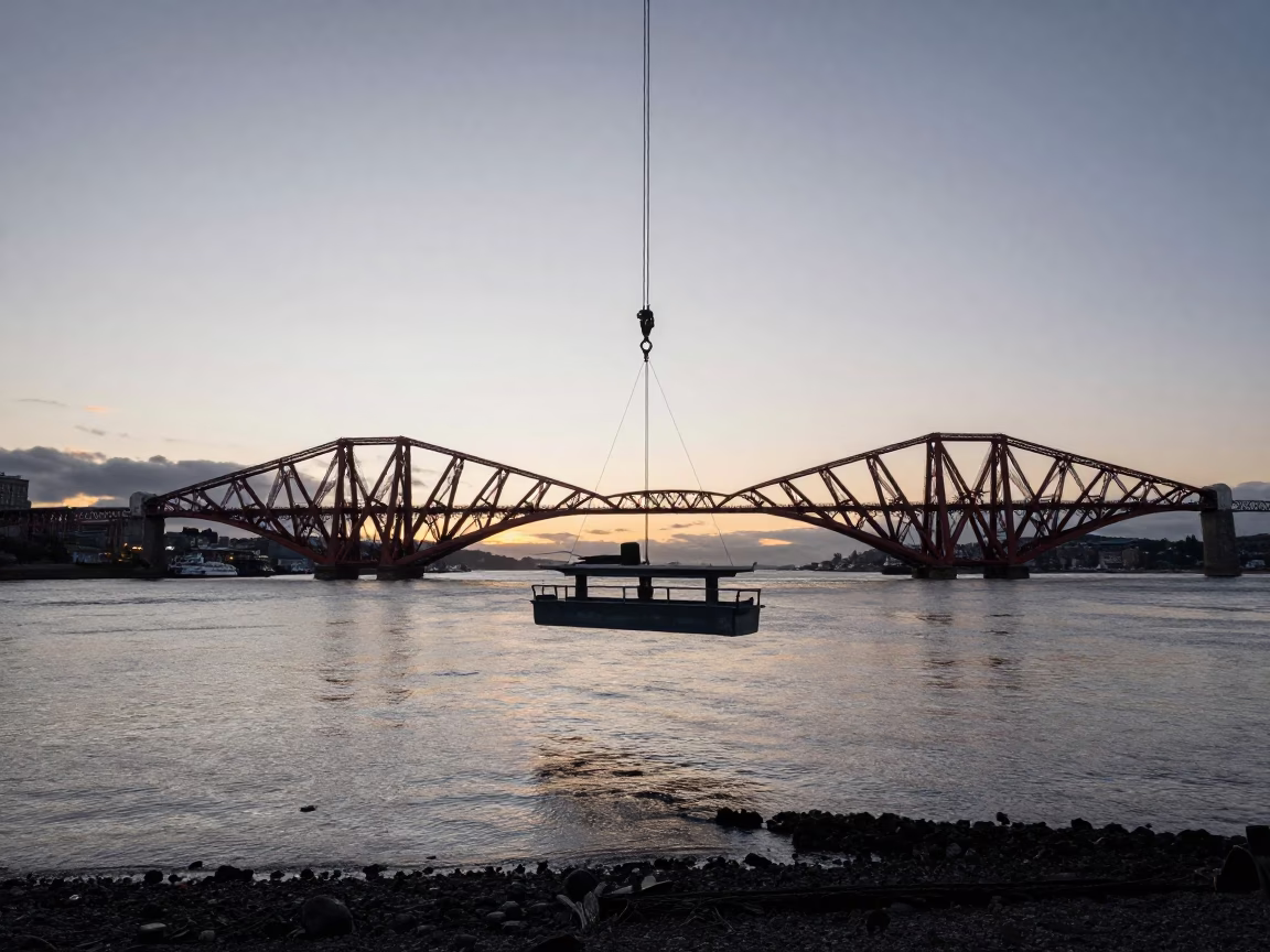 Edinburgh Nautical Dawn Bridge Maintenance Cradle Over Cold River Water in in Edinburgh, United Kingdom