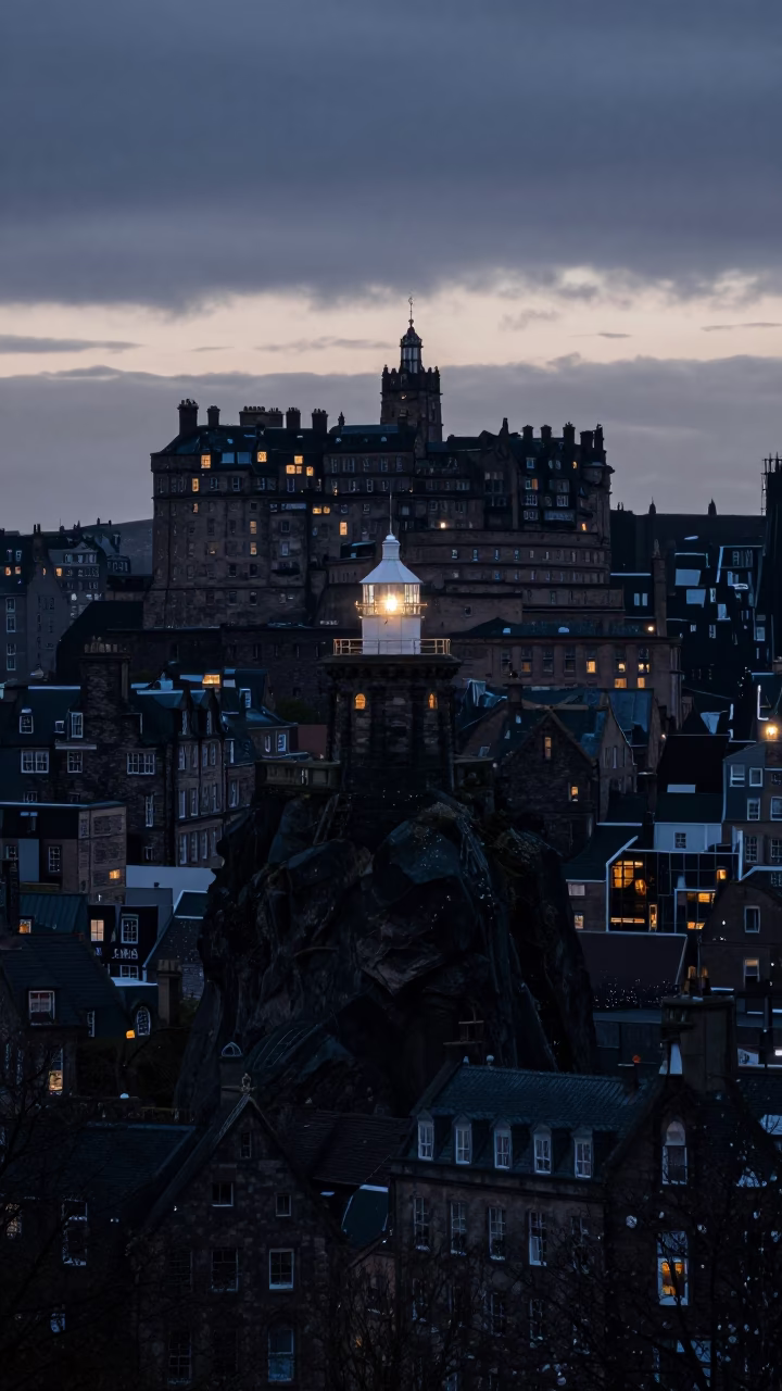 Edinburgh Nautical Dawn Light on Castle Rock and Old Town Cobblestones in in Edinburgh, United Kingdom