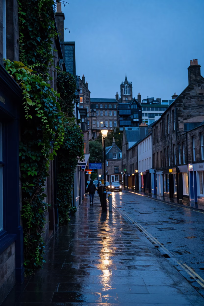 Edinburgh Nautical Dawn Street Scene with Ivy and Wet Cobblestones in in Edinburgh, United Kingdom