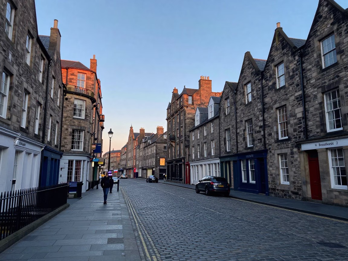 Edinburgh Nautical Dawn Street Scene with Muffin Tin and Pottery Shard in in Edinburgh, United Kingdom