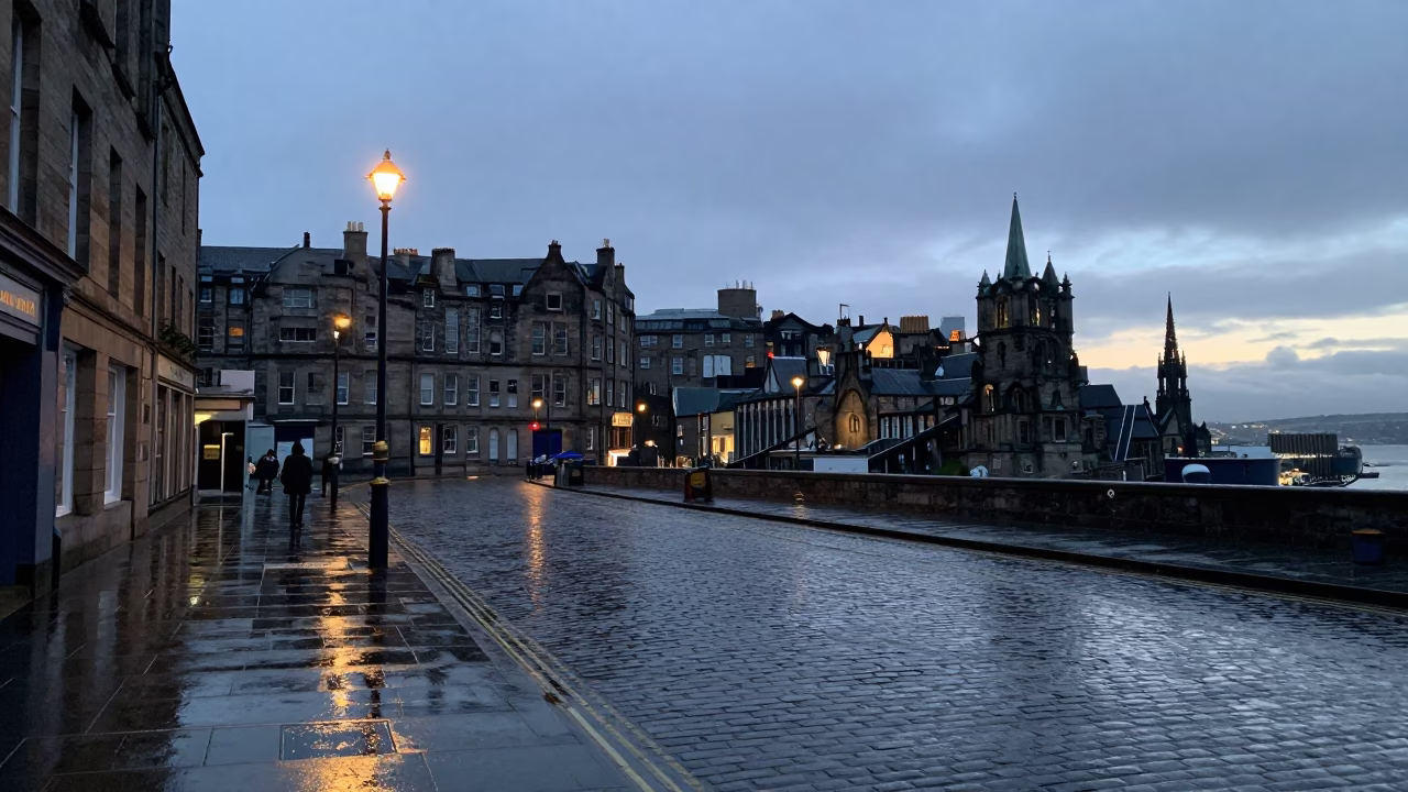 Edinburgh Nautical Dawn Street Scene with Rain and Urban Life in in Edinburgh, United Kingdom
