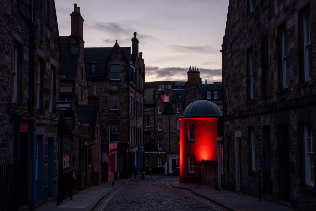 Edinburgh Nautical Dawn Street Scene with Red Observatory Lighting and Urban Decay in in Edinburgh, United Kingdom