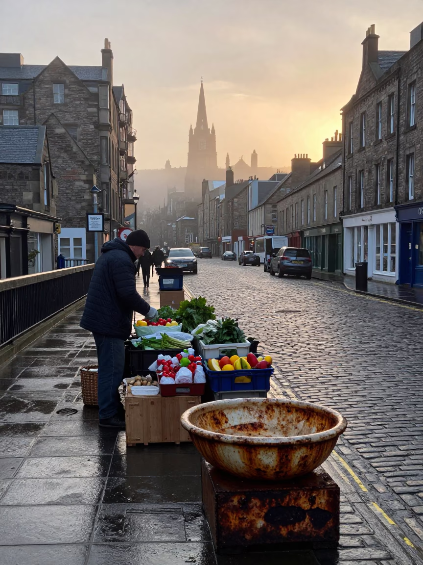 Edinburgh Nautical Dawn Street Scene with Rusty Basin and Serving Spoon Detail in in Edinburgh, United Kingdom