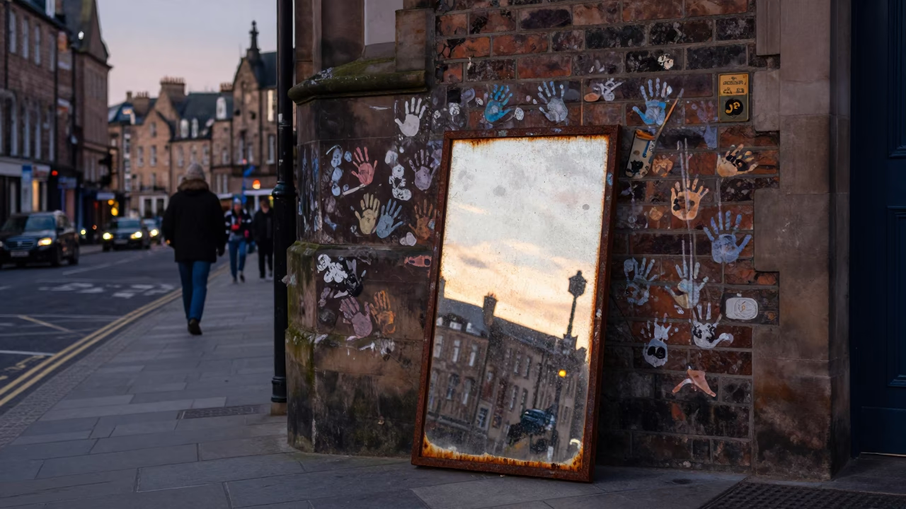 Edinburgh Nautical Dawn Street Scene with Rusty Mirror and Preschool Easel in in Edinburgh, United Kingdom