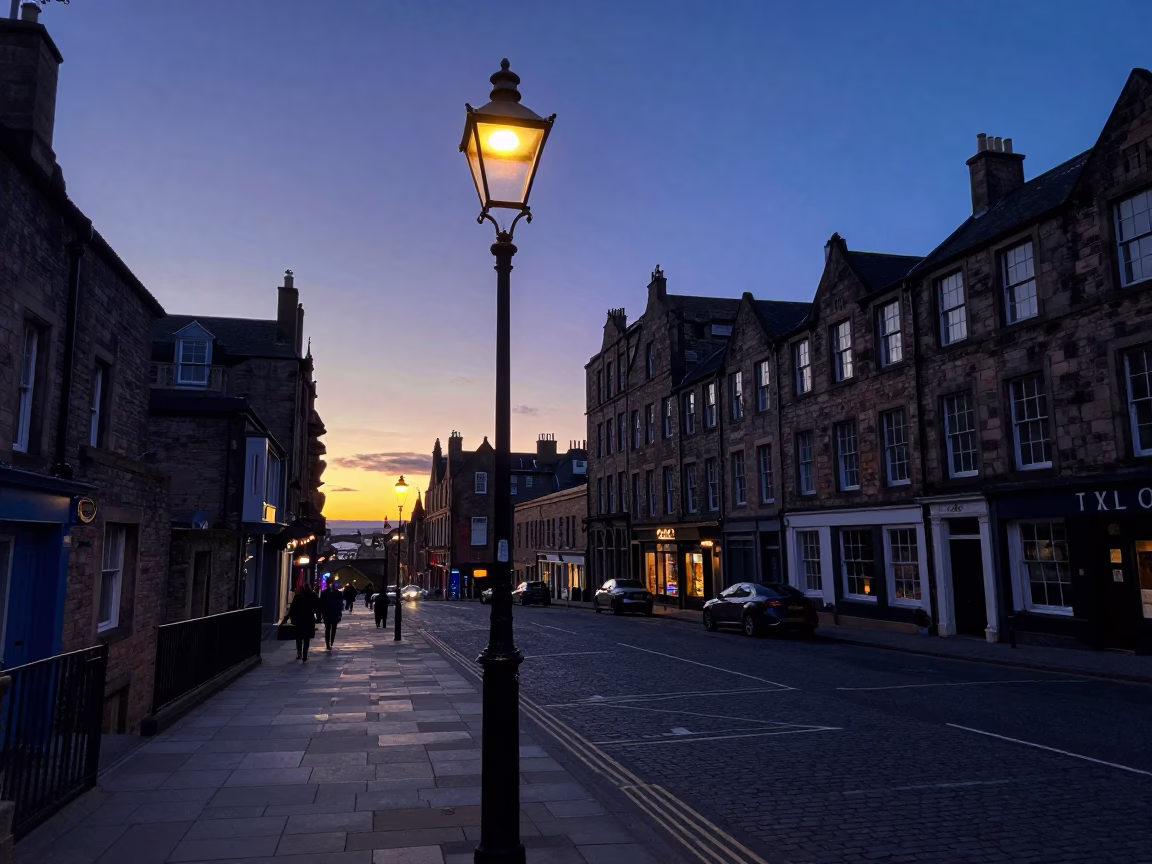 Edinburgh Nautical Dawn Street Scene with Sunlight Stripe on Lamp Base in in Edinburgh, United Kingdom