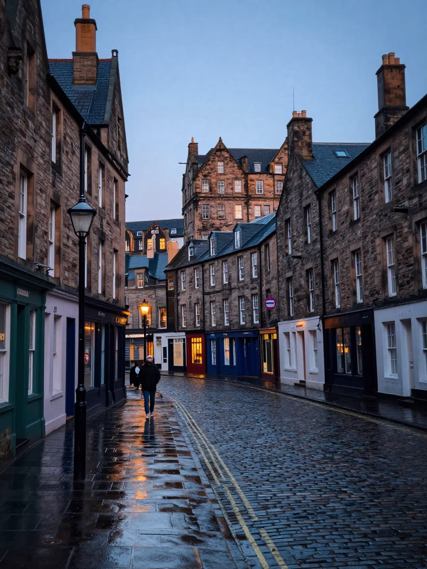 Edinburgh Nautical Dawn Street Scene with Vintage 1950s Atmosphere and Local Life in in Edinburgh, United Kingdom