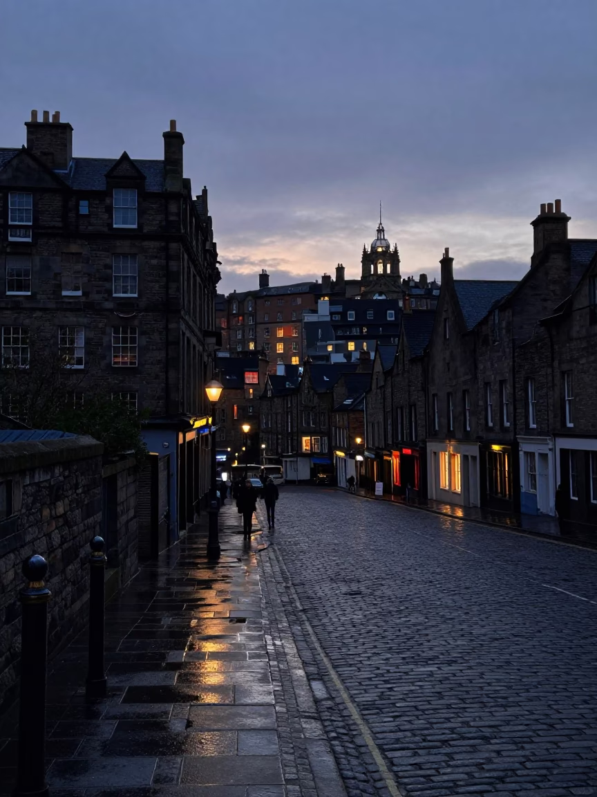 Edinburgh Nautical Dawn Street Scene with Wet Cobblestones and City Architecture in in Edinburgh, United Kingdom