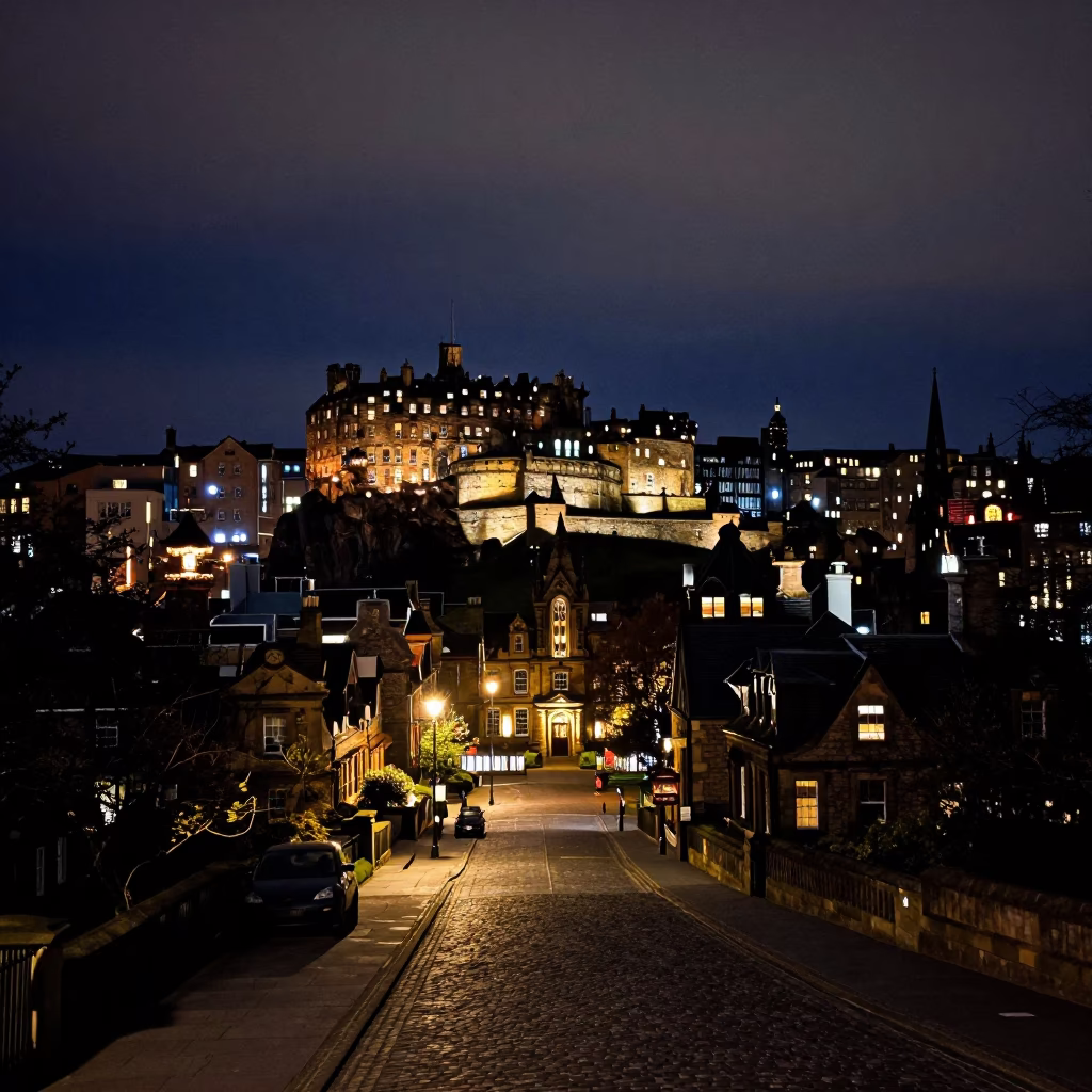 Edinburgh Night Landscape with Castle Lights and Cobblestone Street Reflections in in Edinburgh, United Kingdom