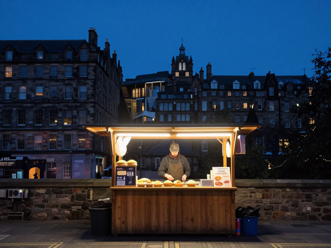 Edinburgh Night Market Stall Before Dawn with Pie Server and Pepper Mill in in Edinburgh, United Kingdom