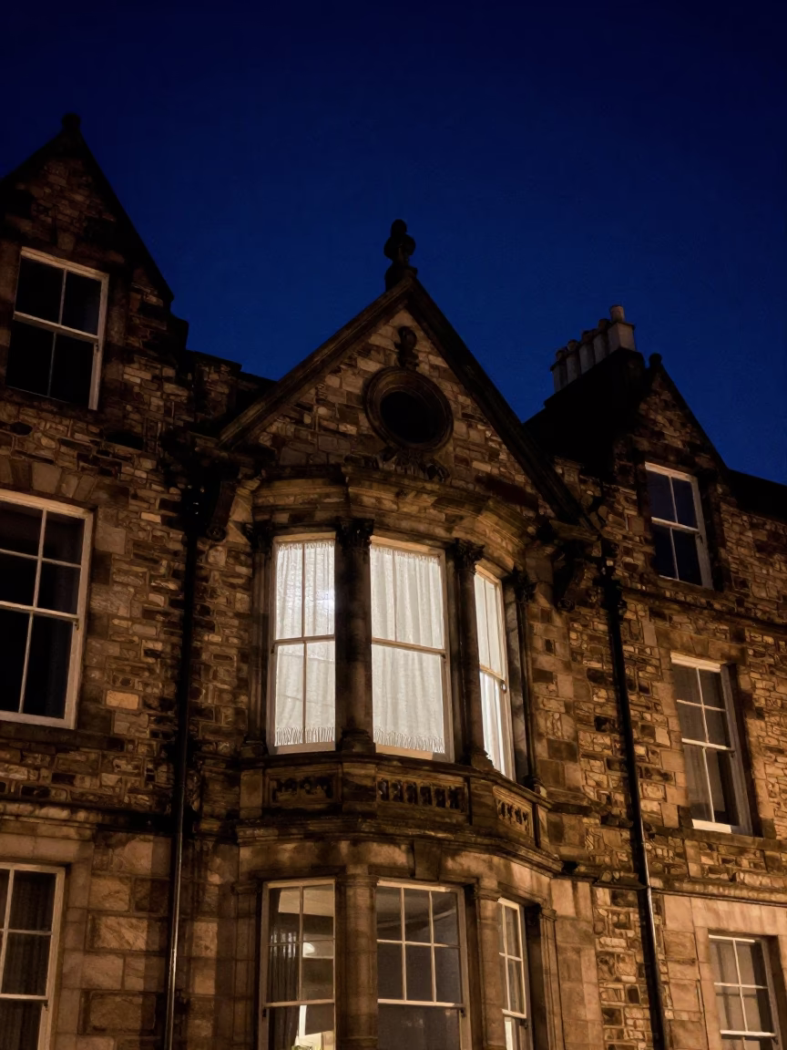 Edinburgh Night Sky Above Victorian Tenement Facade with Linen Fringe and Plant Pot in in Edinburgh, United Kingdom
