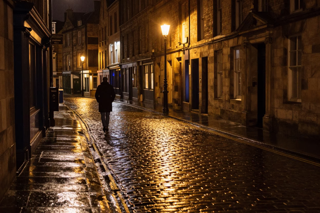Edinburgh Night Street Corner with Damp Cobblestones and Vintage Streetlamp Reflections in in Edinburgh, United Kingdom