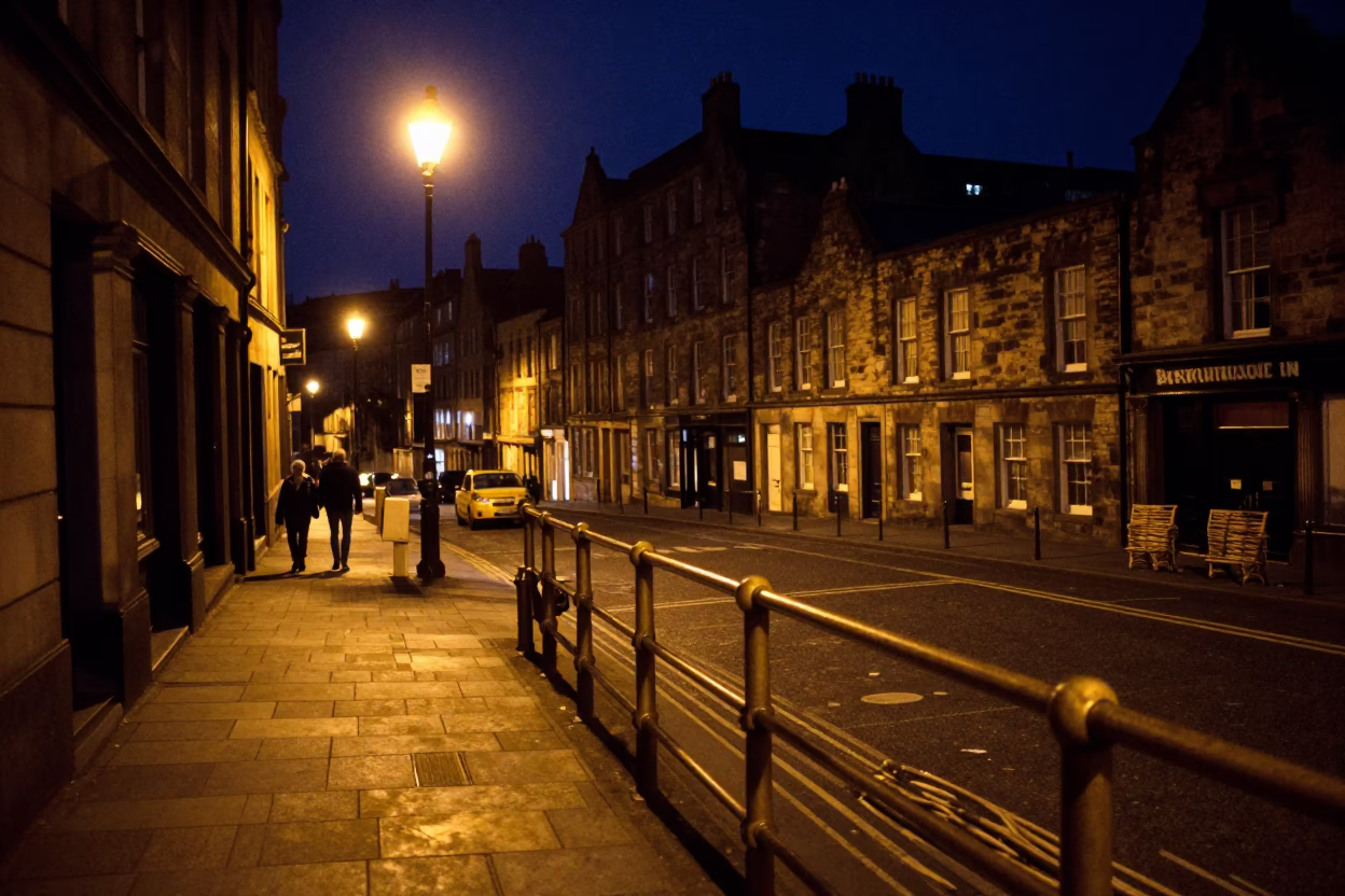 Edinburgh Night Street Scene With Brass Rail And Wicker Shadow Under Deep Night Sky in in Edinburgh, United Kingdom