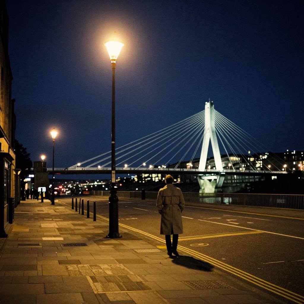 Edinburgh Night Street Scene with Cable-Stayed Bridge Illuminated Against Dark Harbor in in Edinburgh, United Kingdom