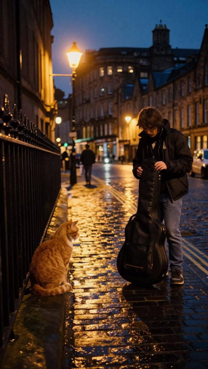 Edinburgh Night Street Scene with Cat and Guitar Case in in Edinburgh, United Kingdom