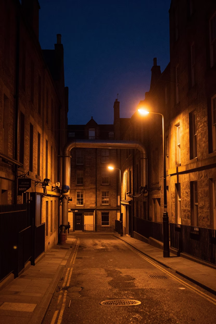 Edinburgh Night Street Scene with District Heating Pipes and Sodium Lamps in in Edinburgh, United Kingdom