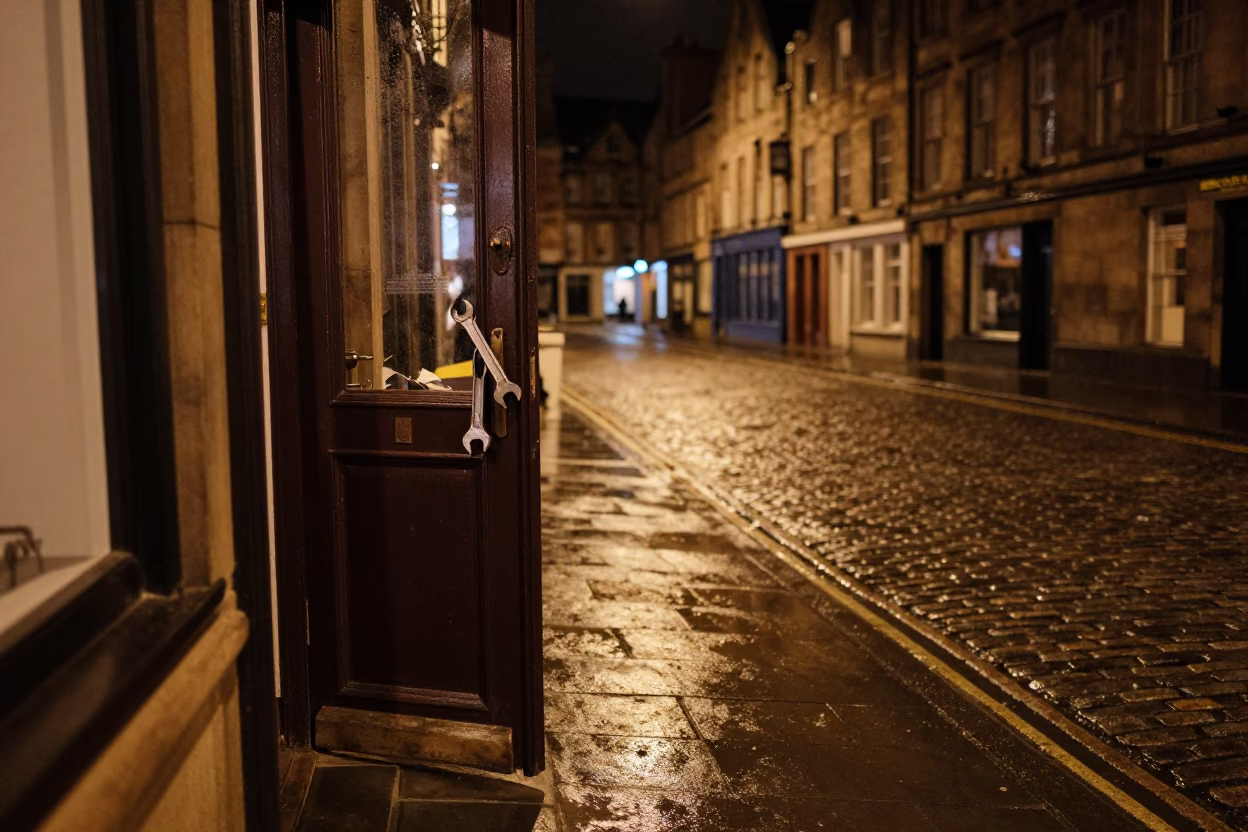 Edinburgh Night Street Scene with Doorframe and Wrench Under Streetlight in in Edinburgh, United Kingdom