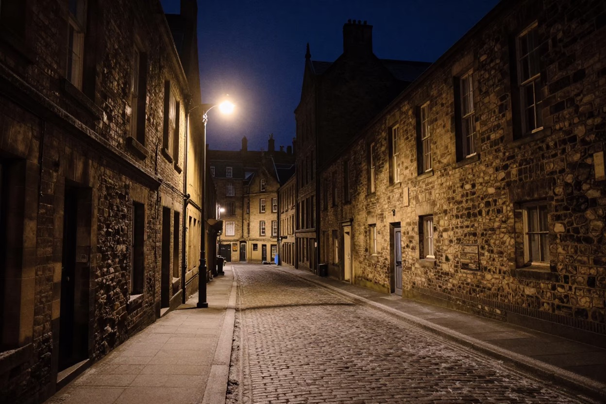 Edinburgh Night Street Scene with Frost and Urban Details in in Edinburgh, United Kingdom