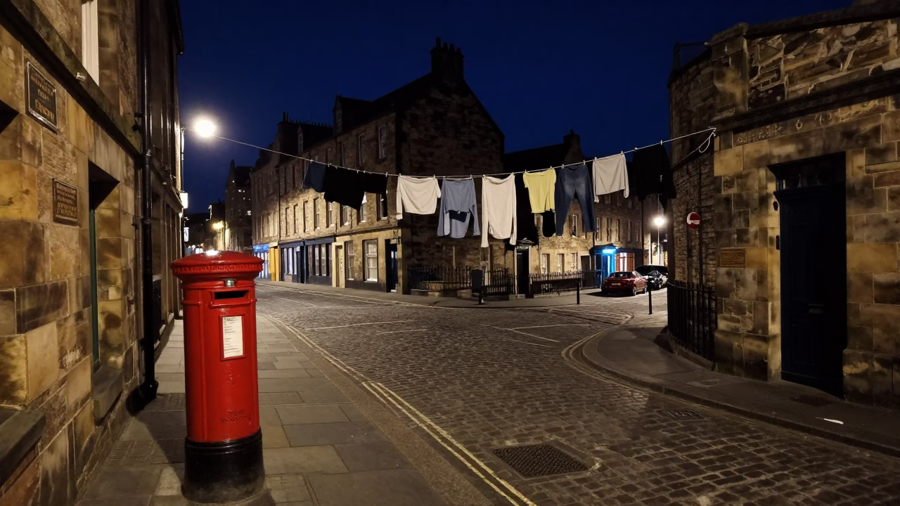 Edinburgh Night Street Scene with Mailbox and Clothesline Under Deep Sky in in Edinburgh, United Kingdom