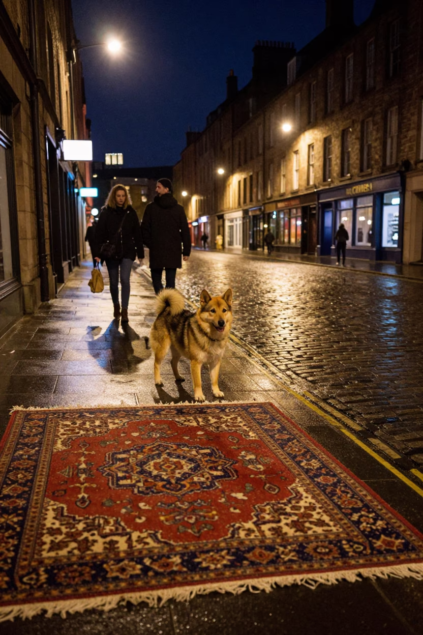 Edinburgh Night Street Scene with Patterned Rug and Mudi Dog at Midnight in in Edinburgh, United Kingdom