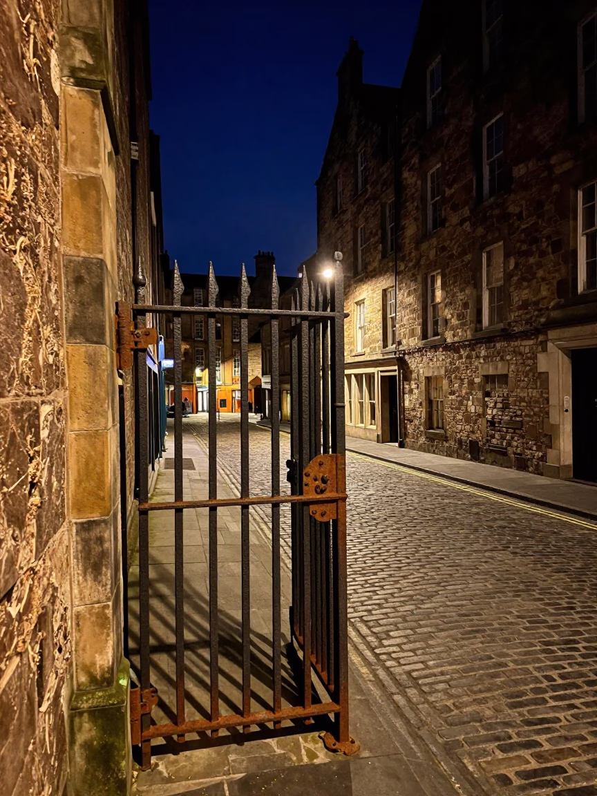 Edinburgh Night Street Scene with Rusty Gate Hinge and Rosemary in Dark Urban Setting in in Edinburgh, United Kingdom