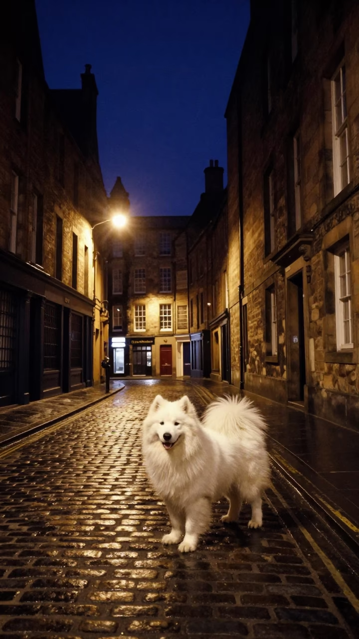Edinburgh Night Street Scene with Samoyed Dog and Vintage Cobblestone Architecture in in Edinburgh, United Kingdom