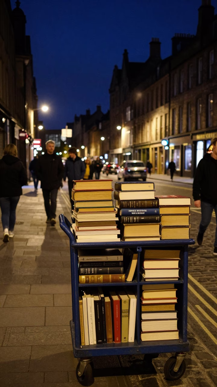 Edinburgh Night Street Scene with School Library Cart and Brick Architecture in in Edinburgh, United Kingdom