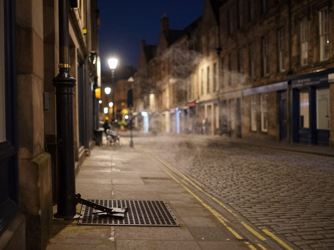 Edinburgh Night Street Scene with Steam and Vintage Details in in Edinburgh, United Kingdom