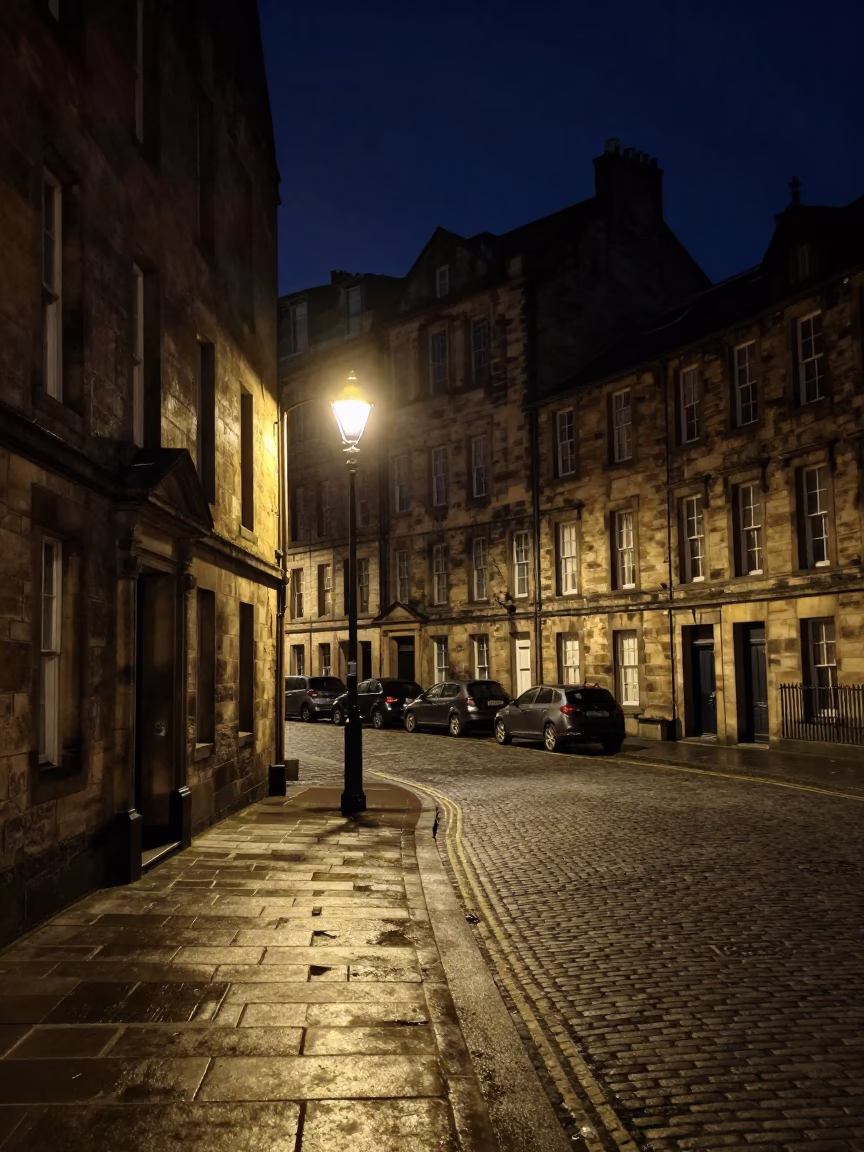 Edinburgh night street scene with stone architecture and parked vehicles under deep darkness in in Edinburgh, United Kingdom