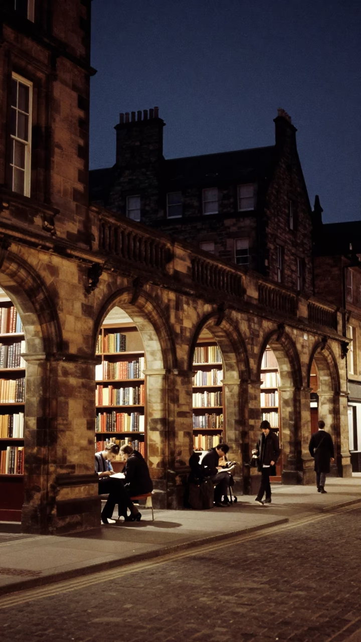 Edinburgh Night Street Scene with Students Revising Beneath Library Stacks Late at Night in in Edinburgh, United Kingdom