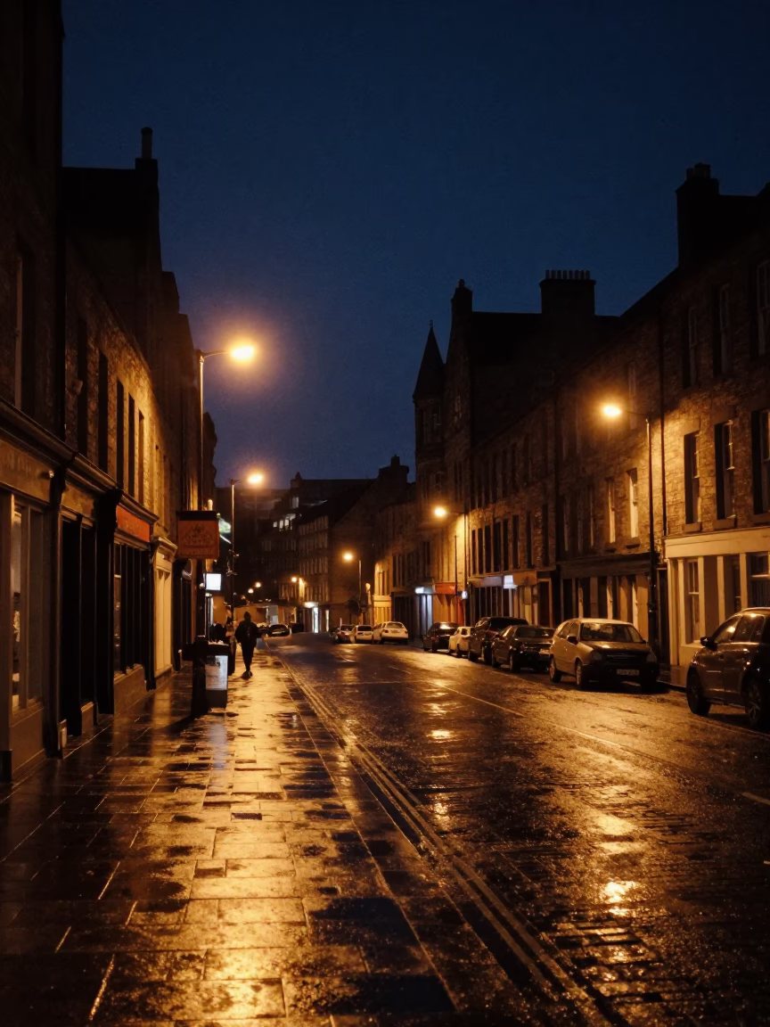 Edinburgh Night Street Scene with Vintage 1980s Aesthetic and Urban Details in in Edinburgh, United Kingdom