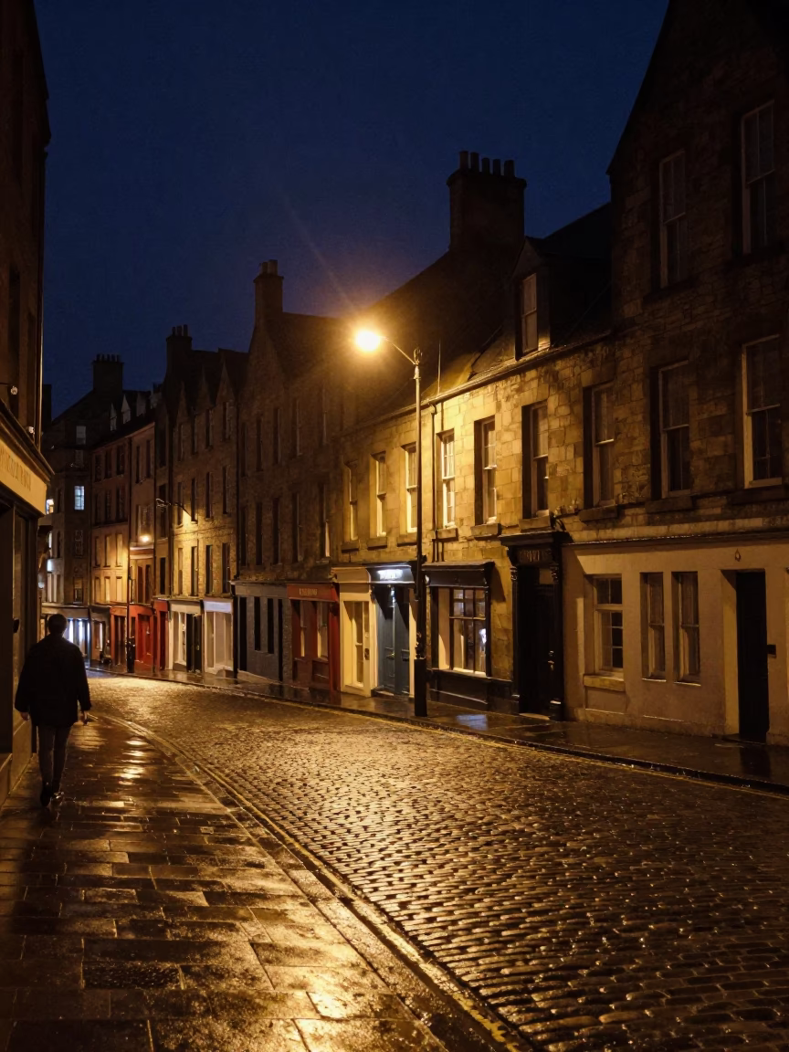 Edinburgh Night Street Scene with Vintage Details and Local Atmosphere in in Edinburgh, United Kingdom
