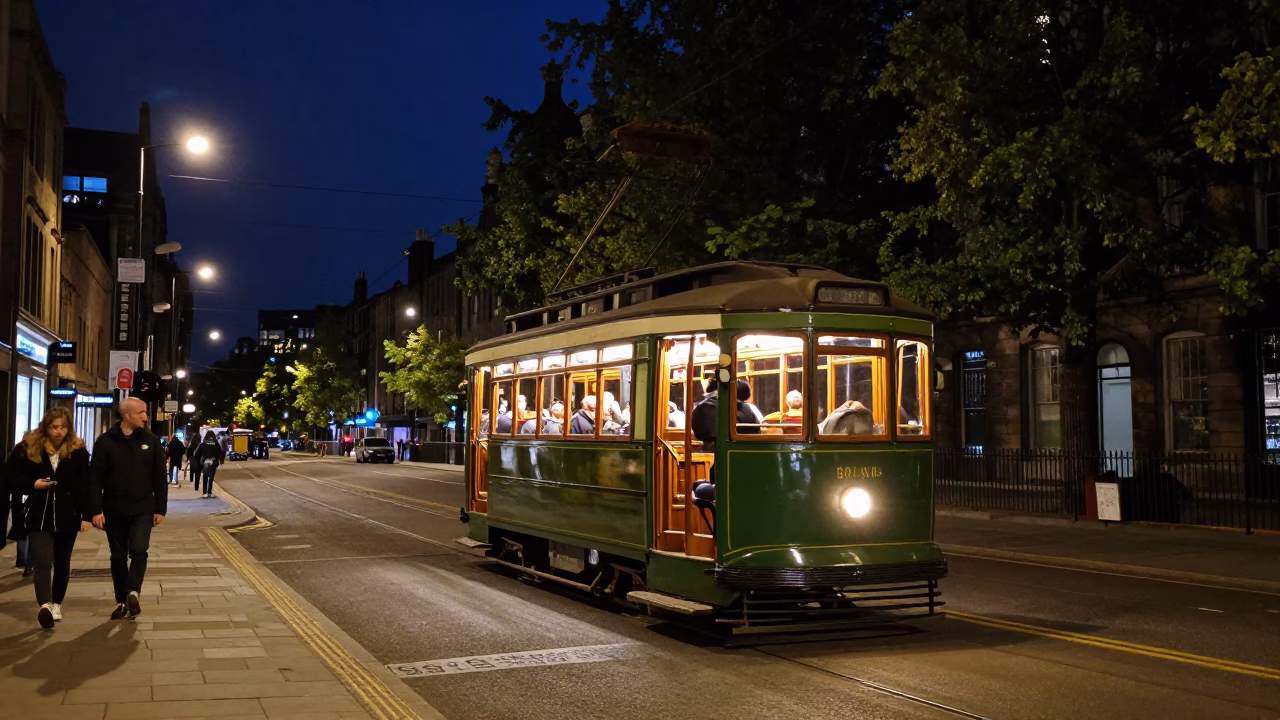 Edinburgh Night Street Scene with Vintage Tram and Urban Illumination in in Edinburgh, United Kingdom