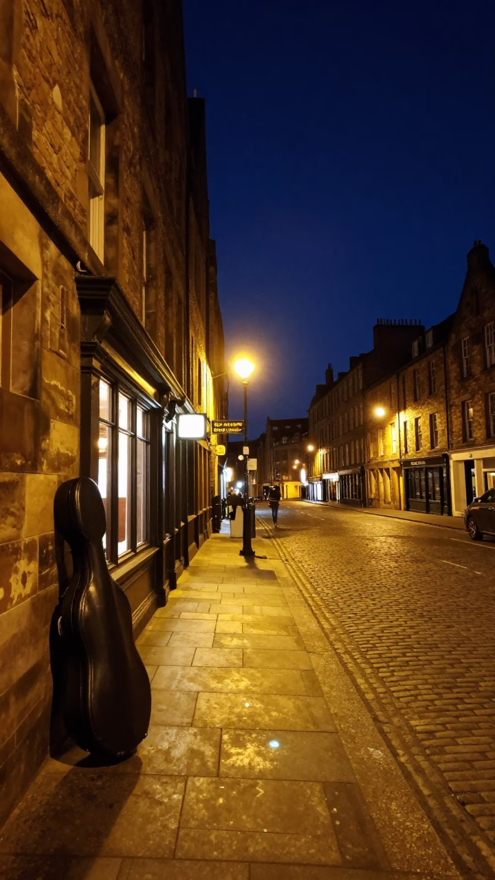 Edinburgh Night Street Scene with Violin Case and Warm Cafe Window Glow in in Edinburgh, United Kingdom